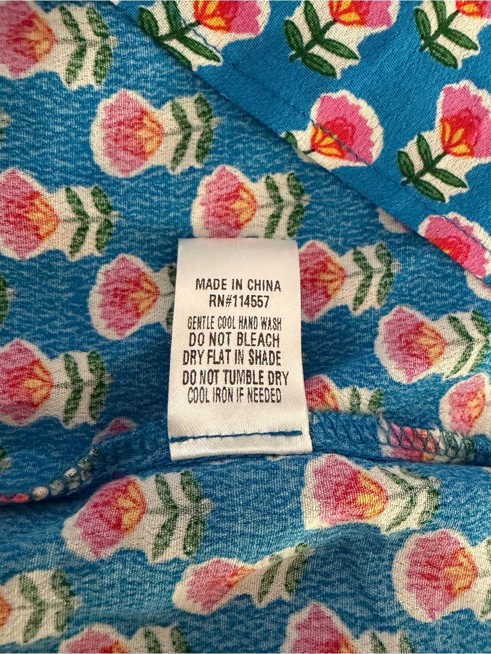 THML Top S Blue Pink Floral Block Print Smocked Neck Boho Tunic Blouse - Picture 8 of 8